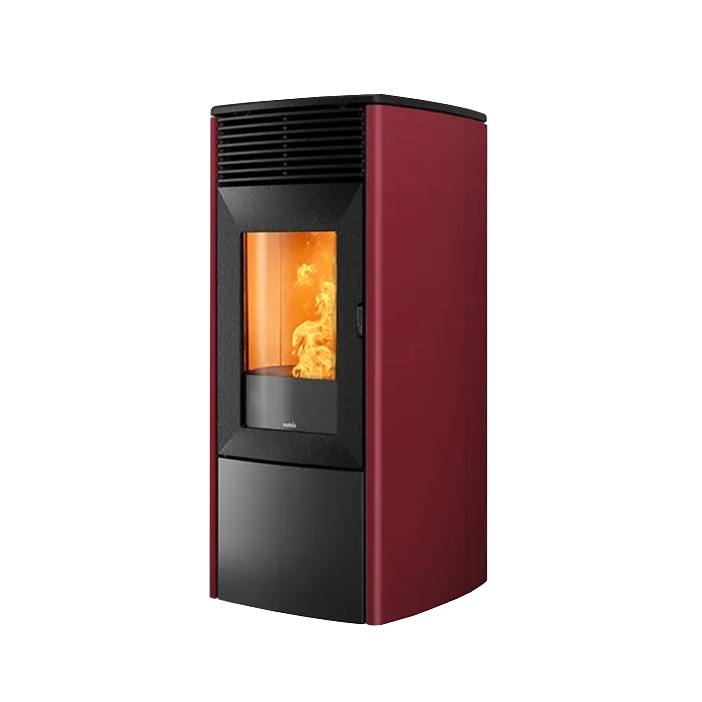 Nobis A9 Zenith pelletkachel met rood en zwart front, vlam zichtbaar