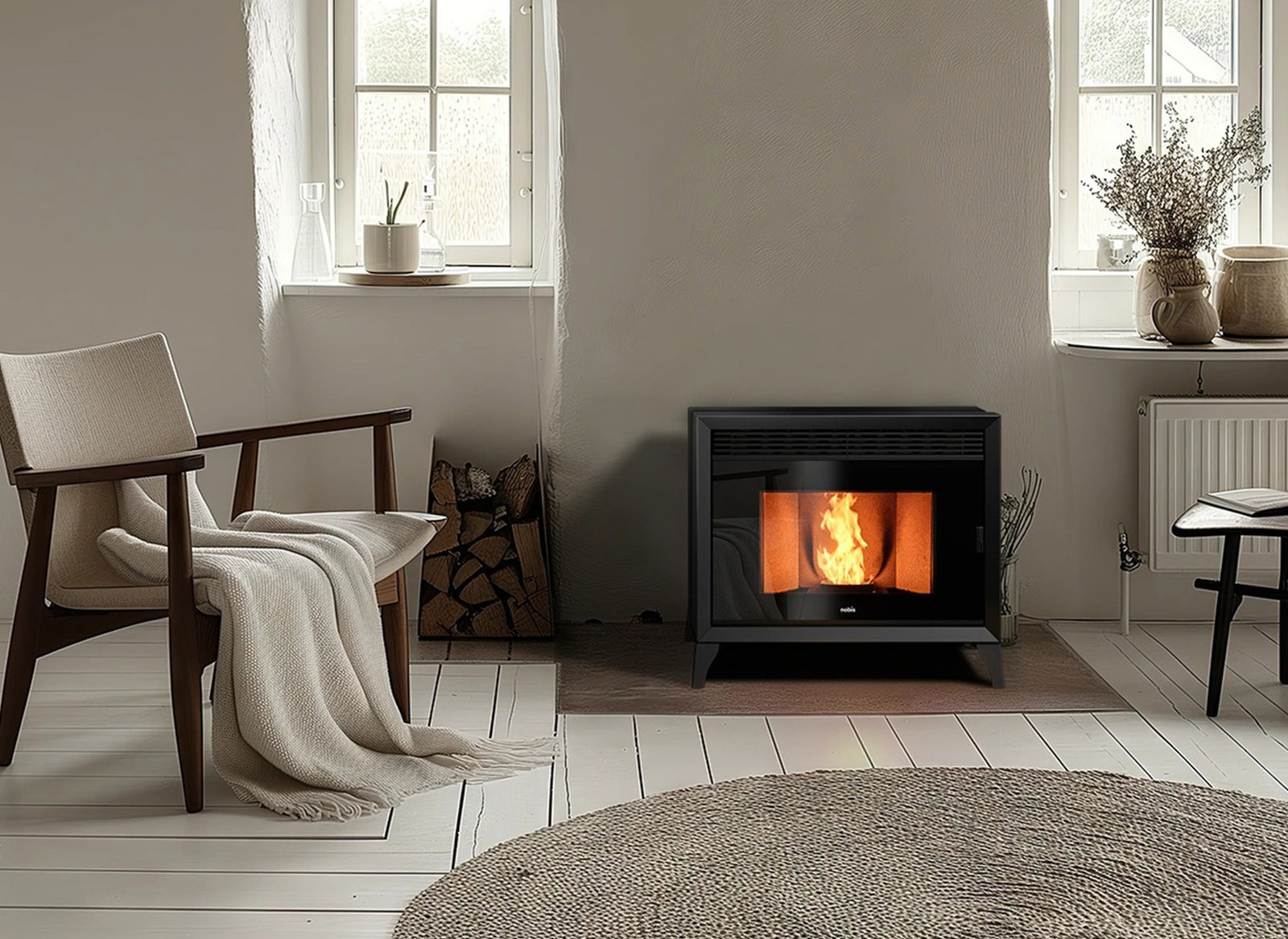 Nobis B10 Ulisse Classic pelletkachel in een lichte woonkamer