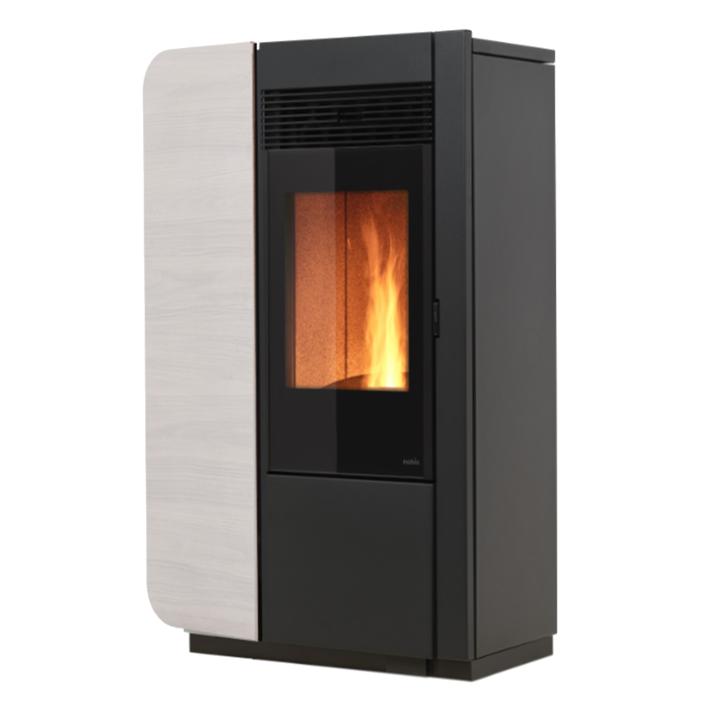 Nobis 12 Elena Style pelletkachel met vlammen op witte achtergrond