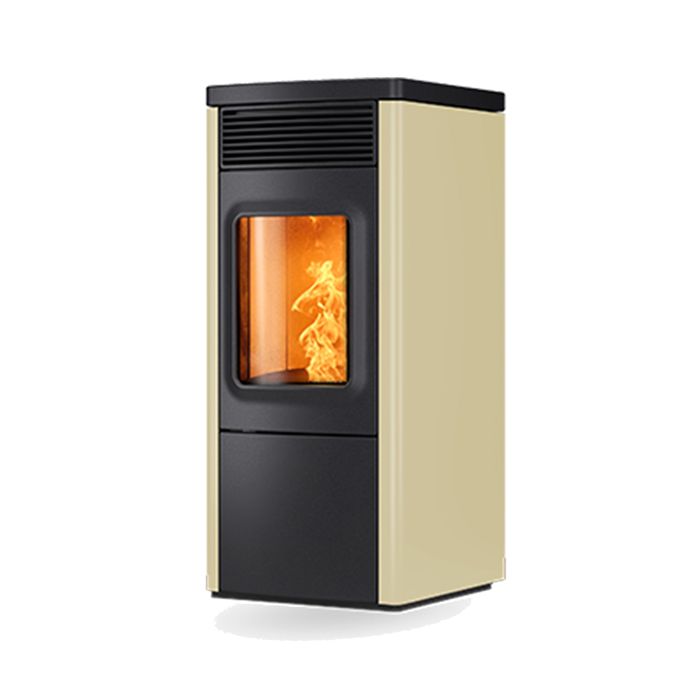 Nobis N70 pelletkachel beige en zwart met zichtbare vlammen