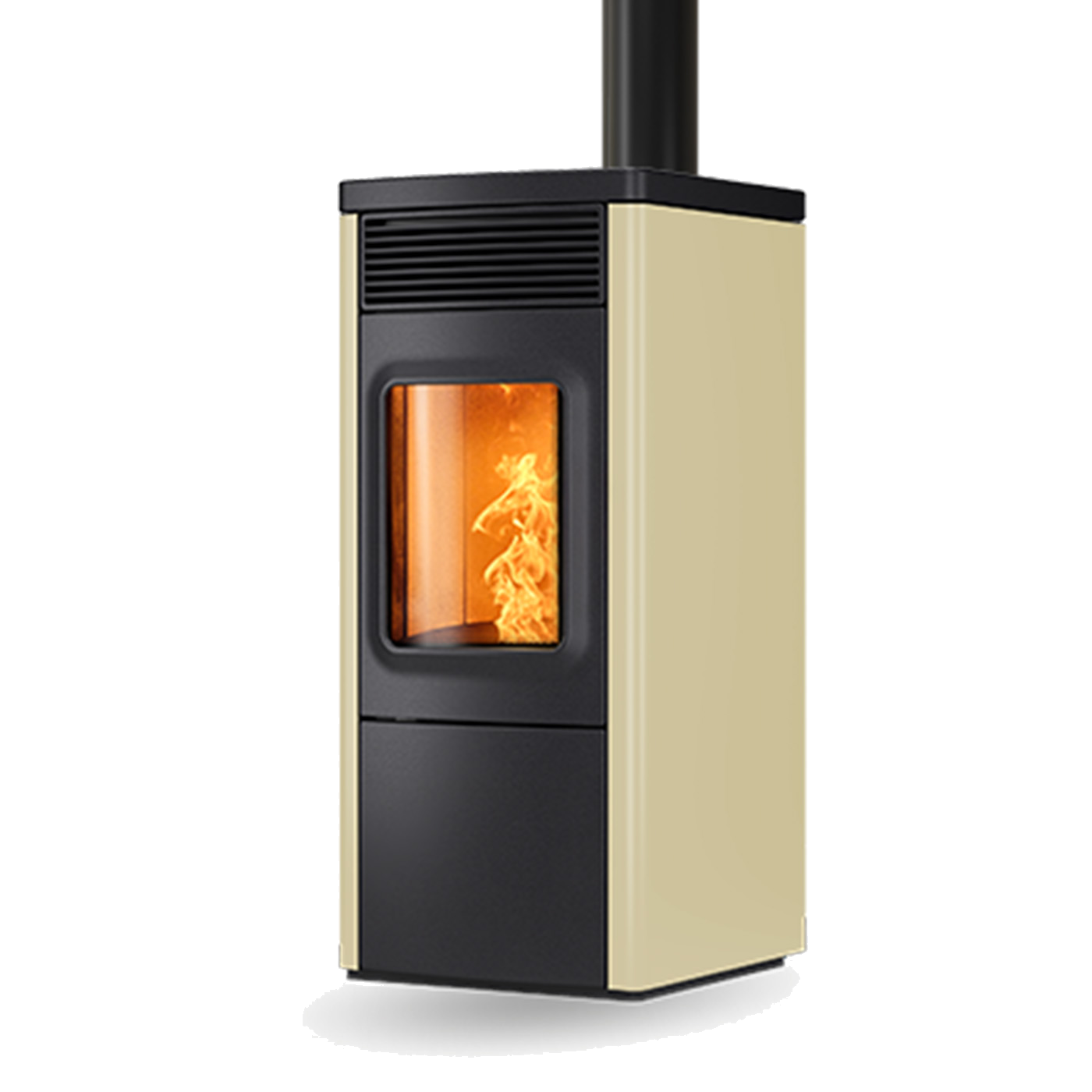 Nobis N70 Top pelletkachel met beige en zwarte behuizing op witte achtergrond