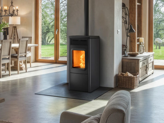 Nobis N70 Top houtkachel in moderne woonkamer met zichtbare vlammen