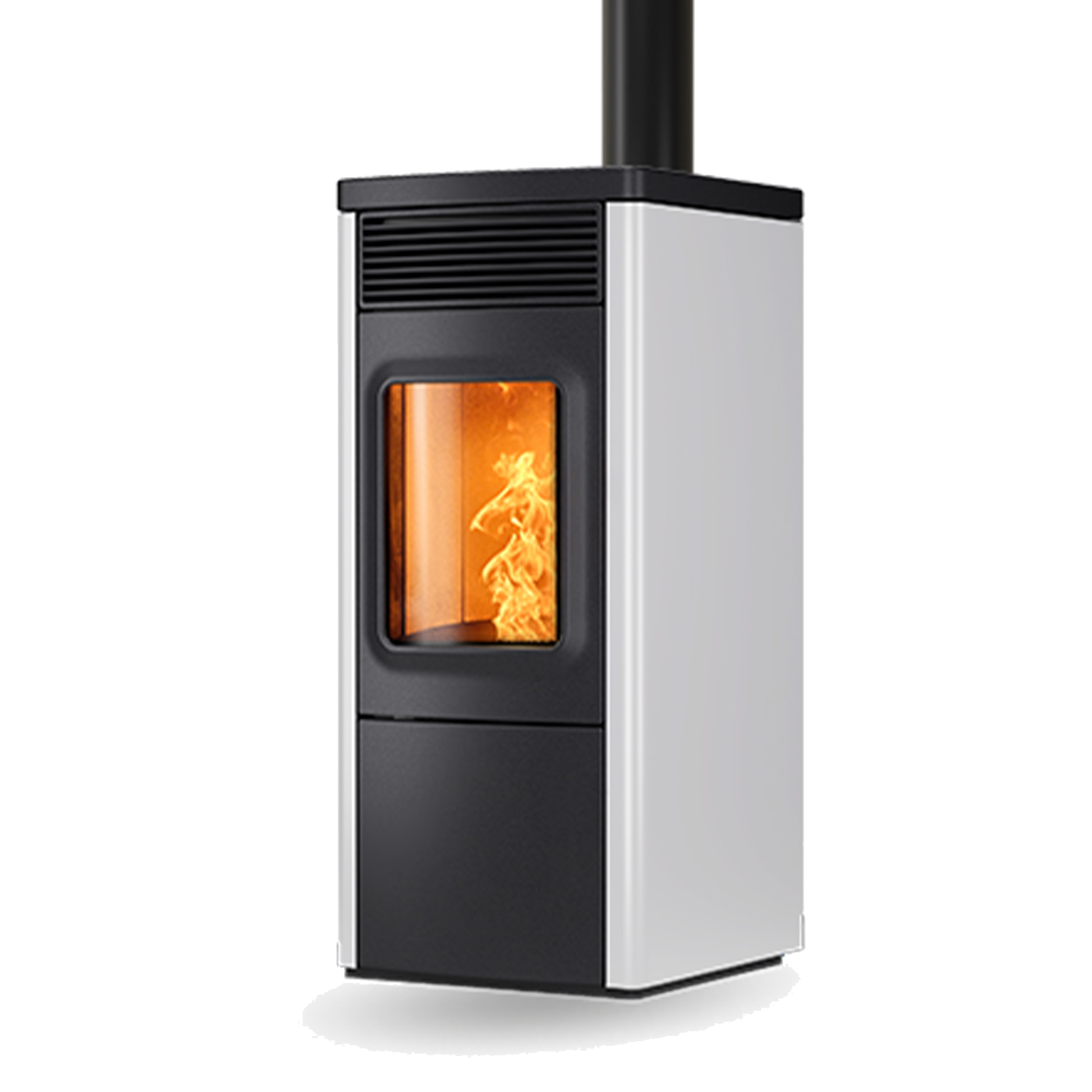 Nobis N70 Top pelletkachel met vlammen, wit en zwart op witte achtergrond