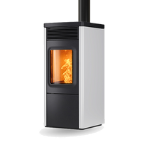 Nobis N70 Top pelletkachel met vlammen, wit en zwart op witte achtergrond