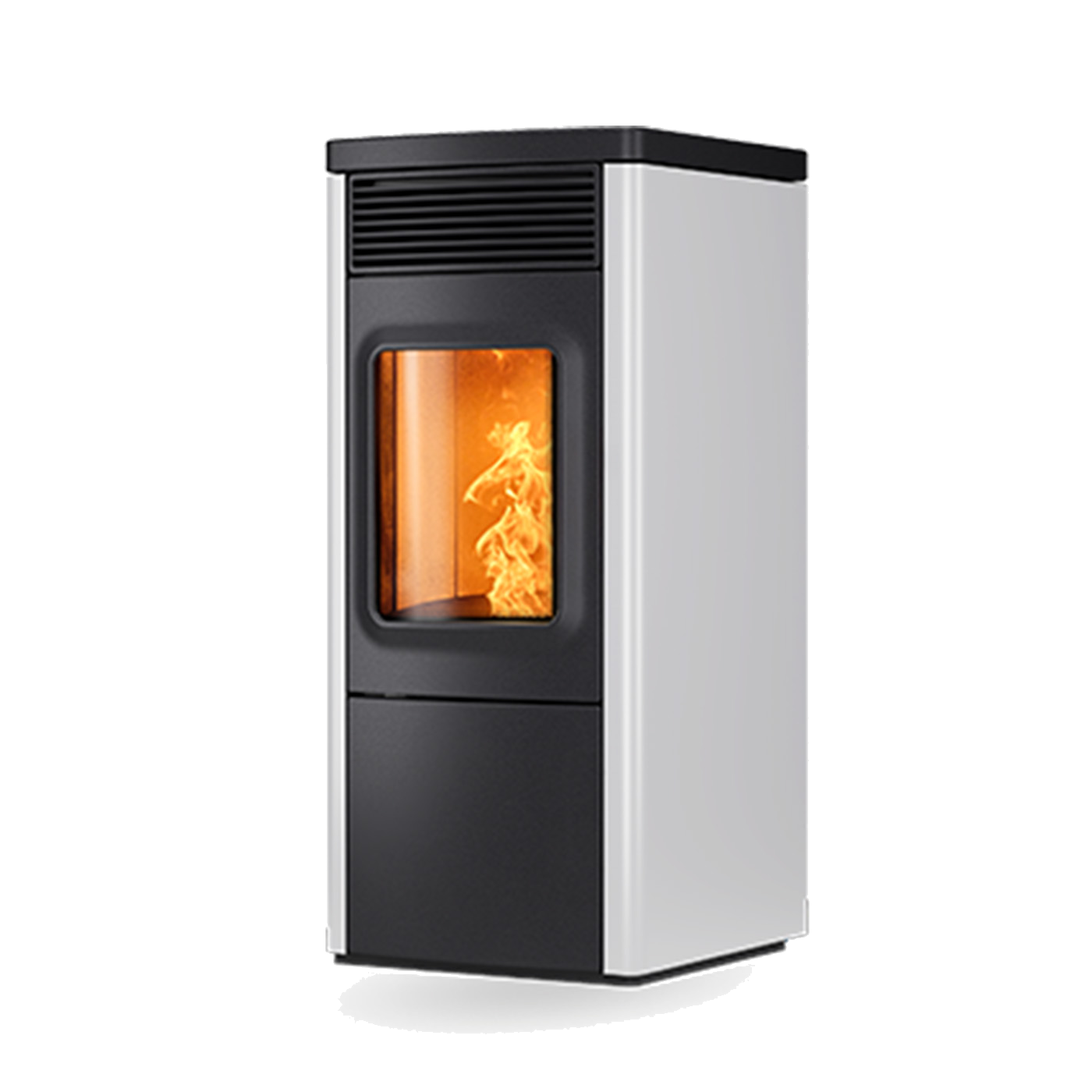 Nobis N70 pelletkachel met zichtbare vlammen, zwart en wit.