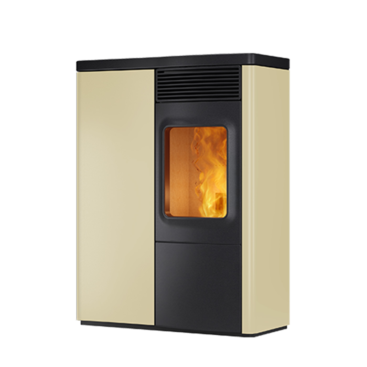 Nobis N70 Slim pelletkachel in beige en zwart met zichtbare vlammen