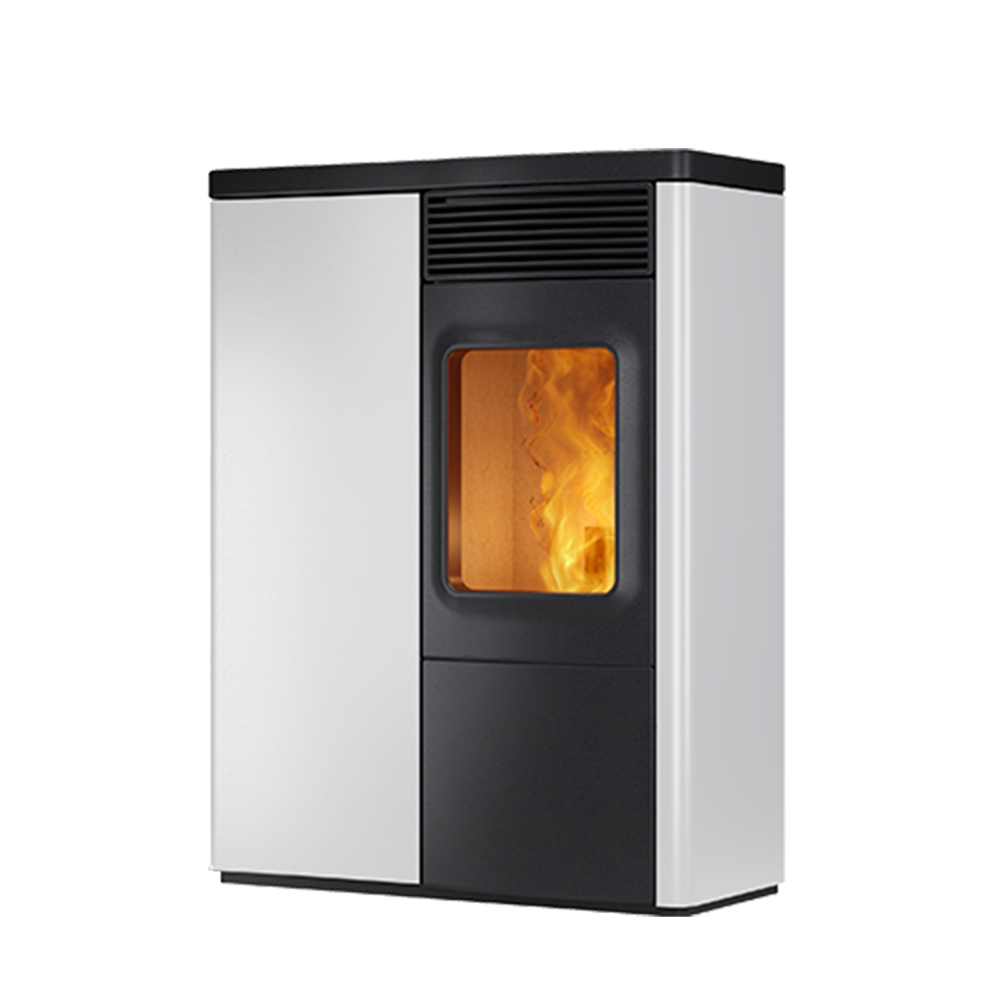Nobis N70 Slim pelletkachel met vlammen op witte achtergrond