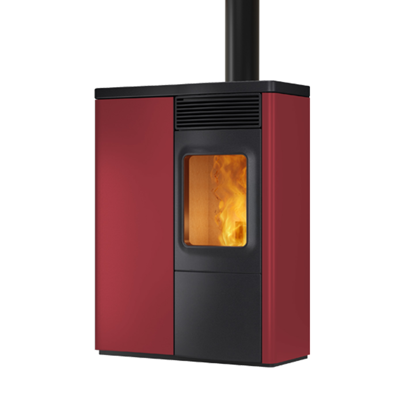 Nobis N70 Slim Top pelletkachel in rood en zwart, met zichtbare vlammen