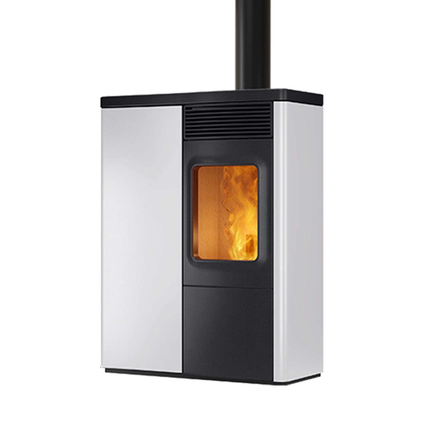 Nobis N70 Slim Top pelletkachel met zwart-witte behuizing en zichtbare vlammen