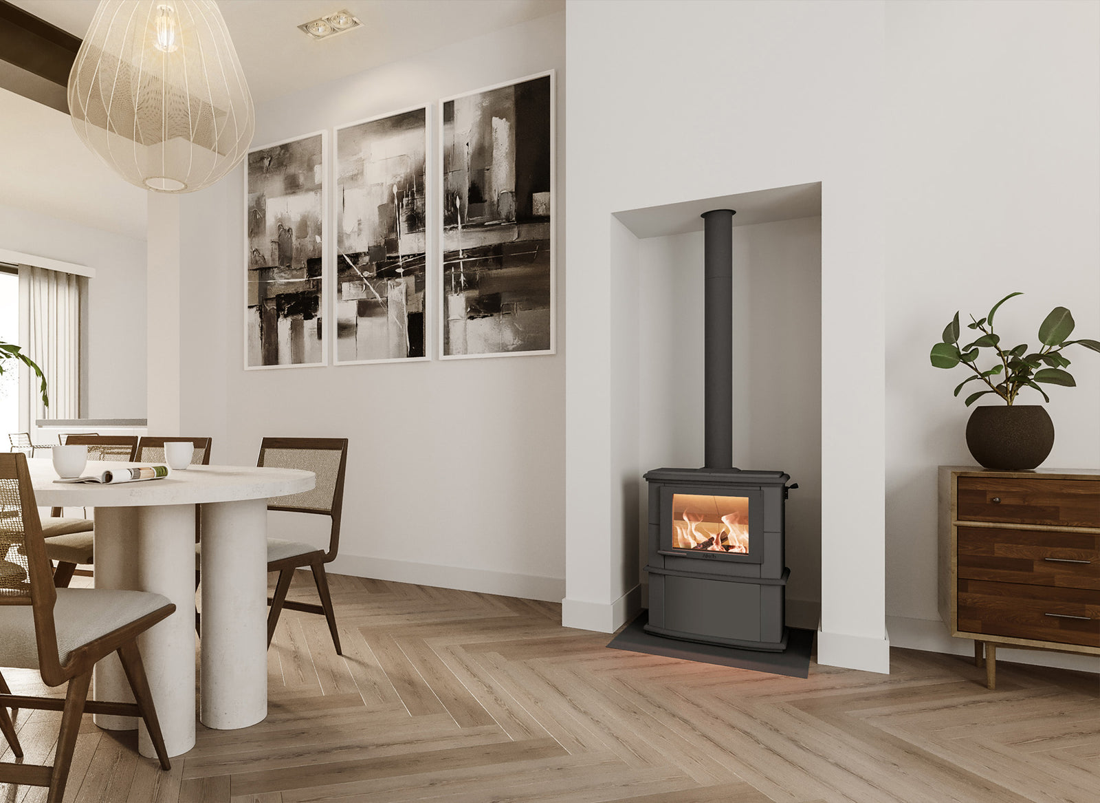Altech Nobles Depot Hybride-e in moderne eetkamer met brandend vuur