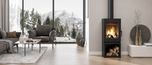 Nordic Fire Sven kachel in moderne woonkamer met vuur