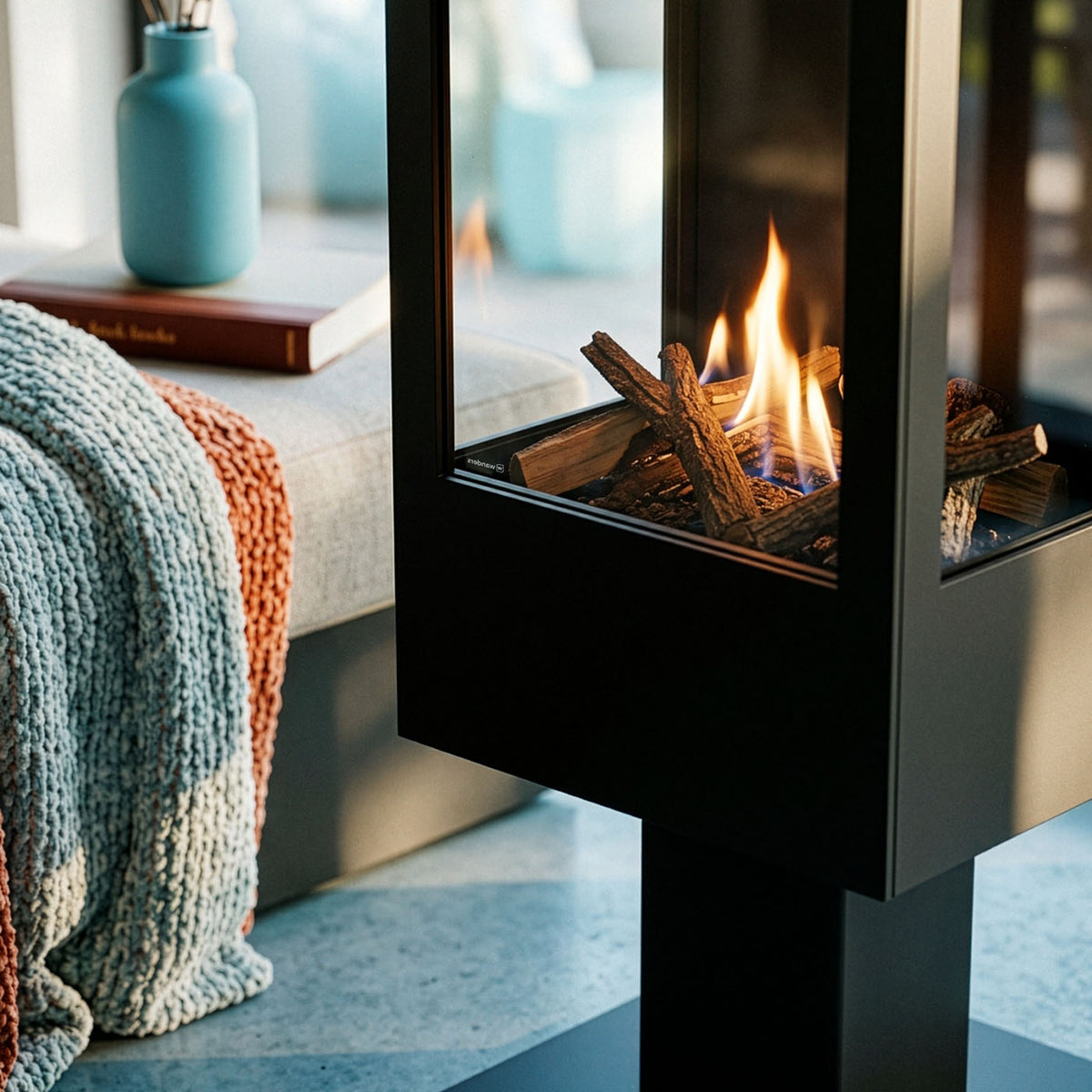 Wanders Onyx F gaskachel met brandende vlammen in een sfeervolle woonkamer