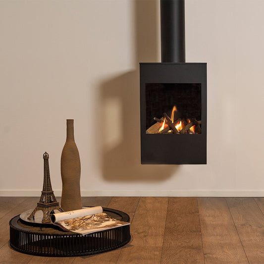 Wanders Onyx Wall gaskachel aan de muur in een minimalistische woonkamer