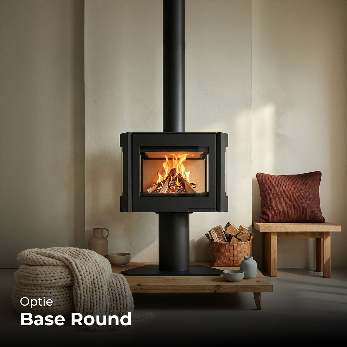 Wanders Black Sapphire houtkachel met brandend vuur en ronde voet in sfeervolle woonkamer