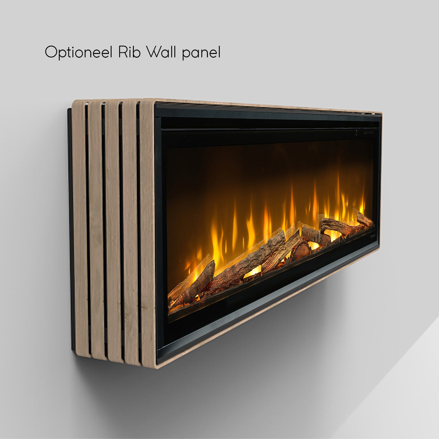 Dimplex Ignite Evolve 50 met Rib Wall paneel, haard op grijze achtergrond