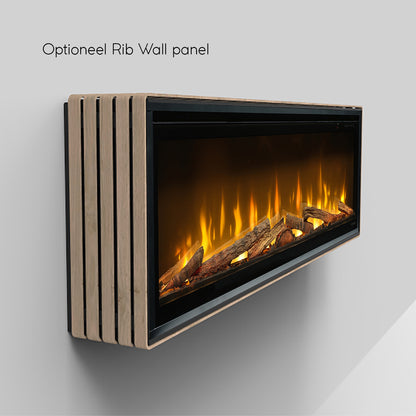 Dimplex Ignite Evolve 50 met Rib Wall paneel, haard op grijze achtergrond
