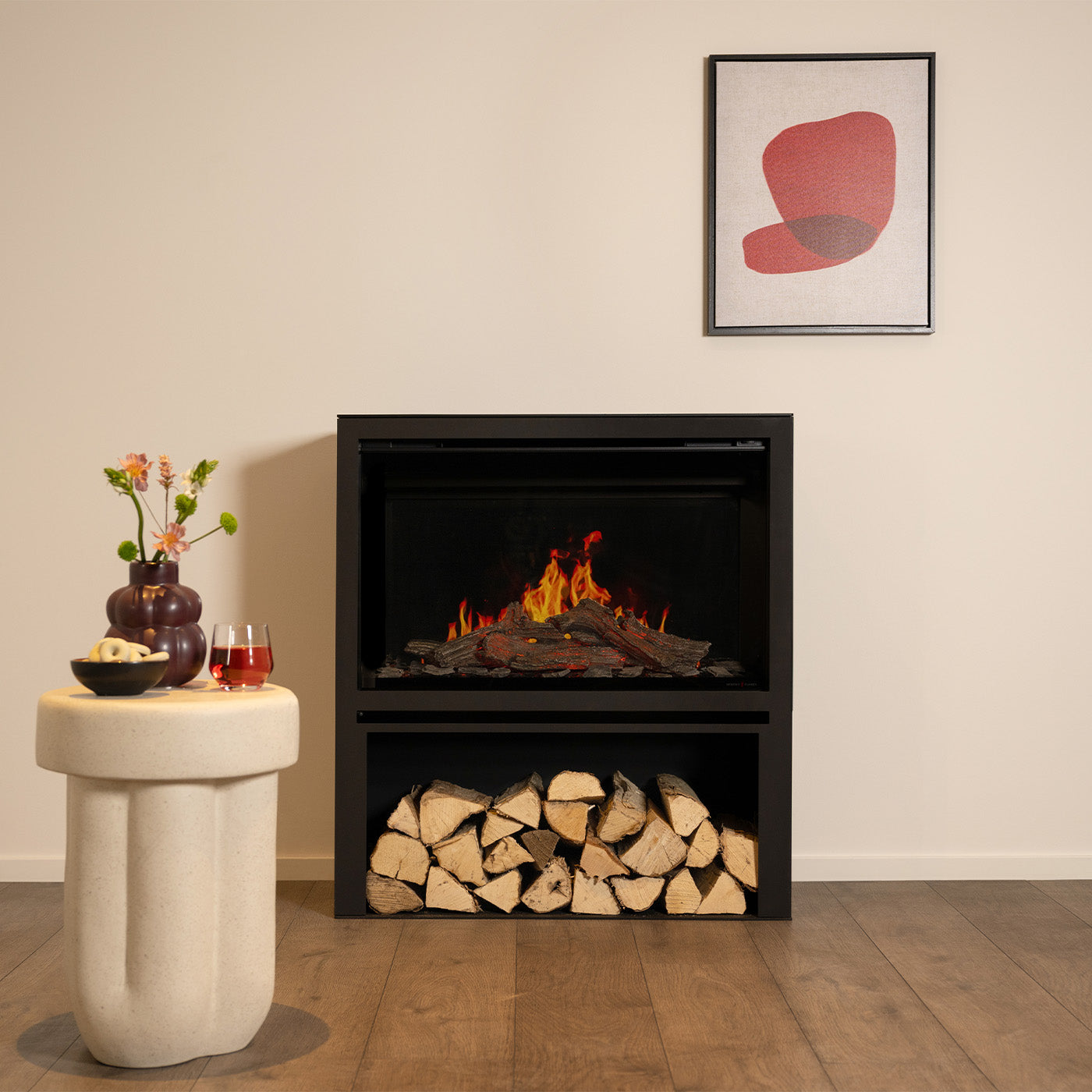 Wanders Orion Traditional 30'' Black Edition High in woonkamer met brandend vuur