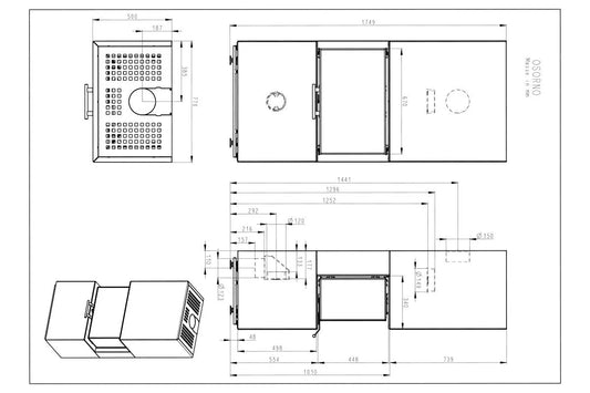 Technische tekening van Olsberg Osorno met gedetailleerde afmetingen en verschillende aanzichten.