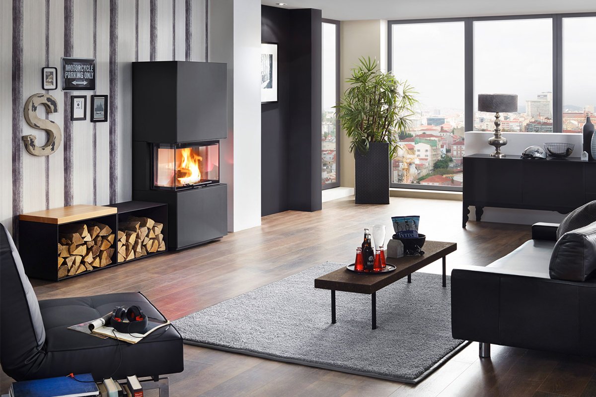 Olsberg Bausatz Osorno kachel in moderne woonkamer met brandend vuur