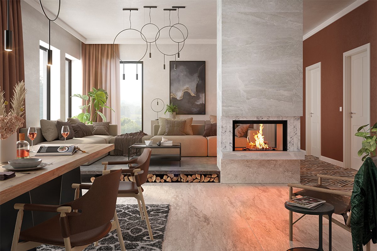 Spartherm Premium Tunnel 87x50 in moderne woonkamer met brandend vuur