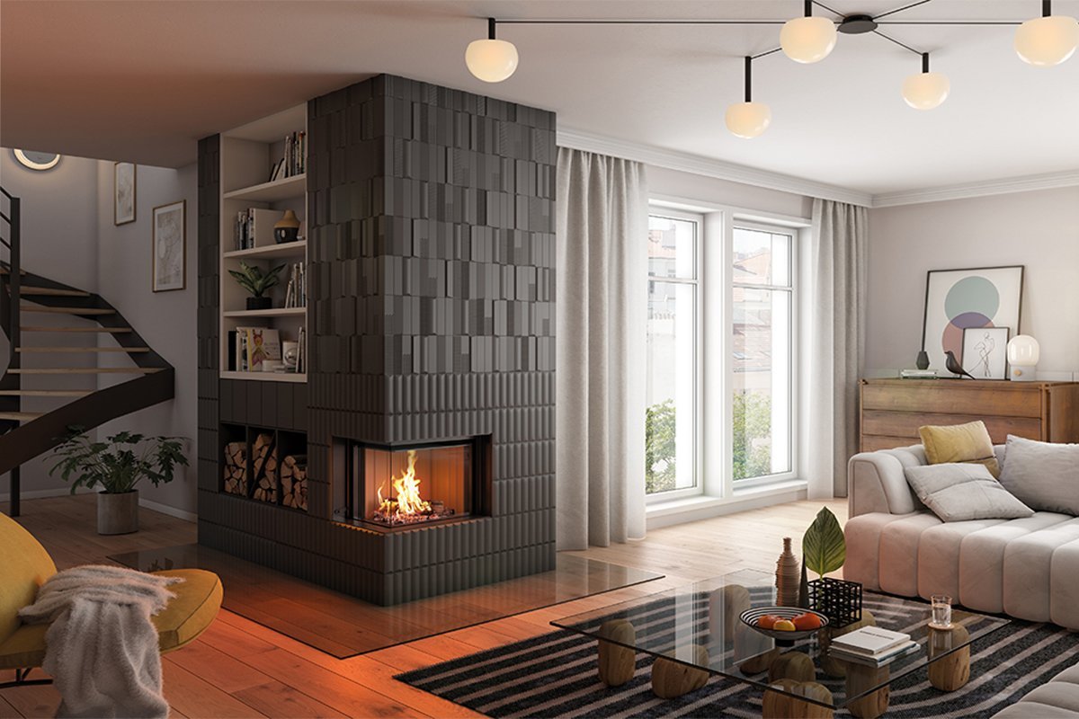 Spartherm Premium Corner 58x39x51 in moderne woonkamer met hoekhaard en vlammen