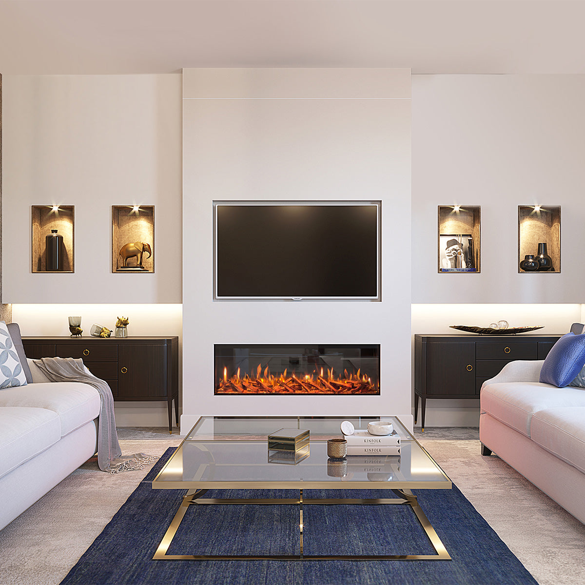 Fair Fires Tru Vizion Pano 1250 in moderne woonkamer met brede elektrische haard