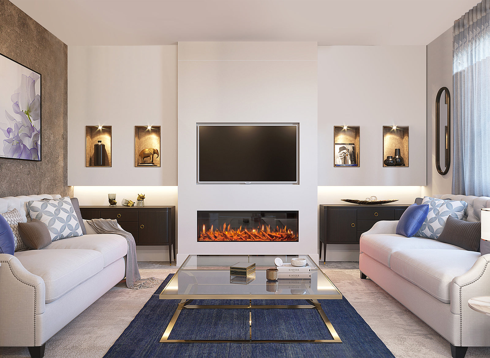 Fair Fires Tru Vizion Pano 1250 in moderne woonkamer met brandend haardfront
