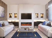 Fair Fires Tru Vizion Pano 1250 in moderne woonkamer met brandend haardfront