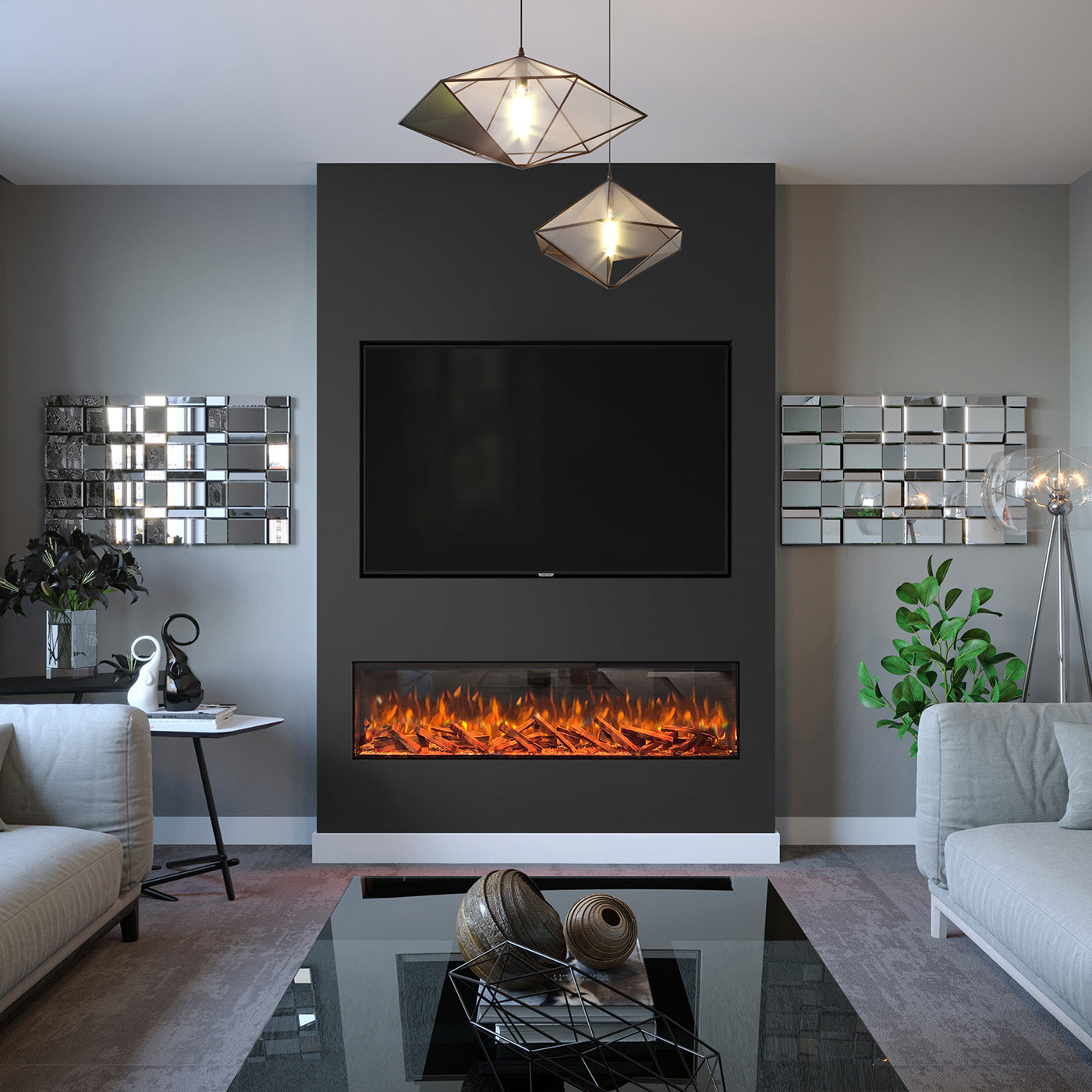 Fair Fires Tru Vizion Pano 1500 ingebouwd in moderne woonkamer met vlammen