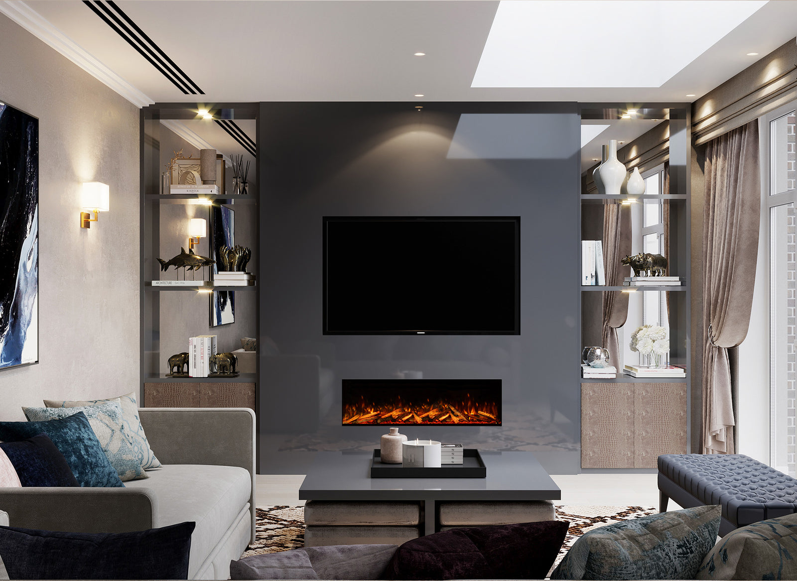 Fair Fires Tru Vizion Pano X 1250 ingebouwd in moderne woonkamer