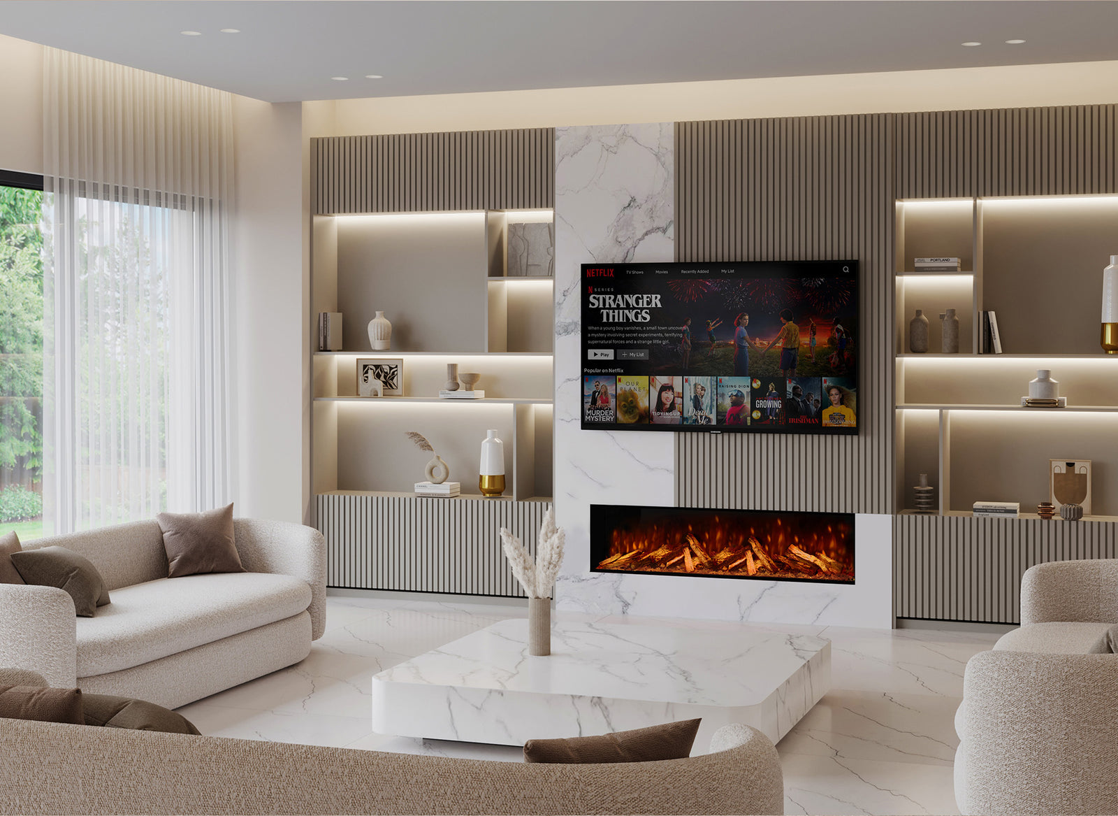 Fair Fires Tru Vizion Pano X 1500 in moderne woonkamer met ingebouwde haard