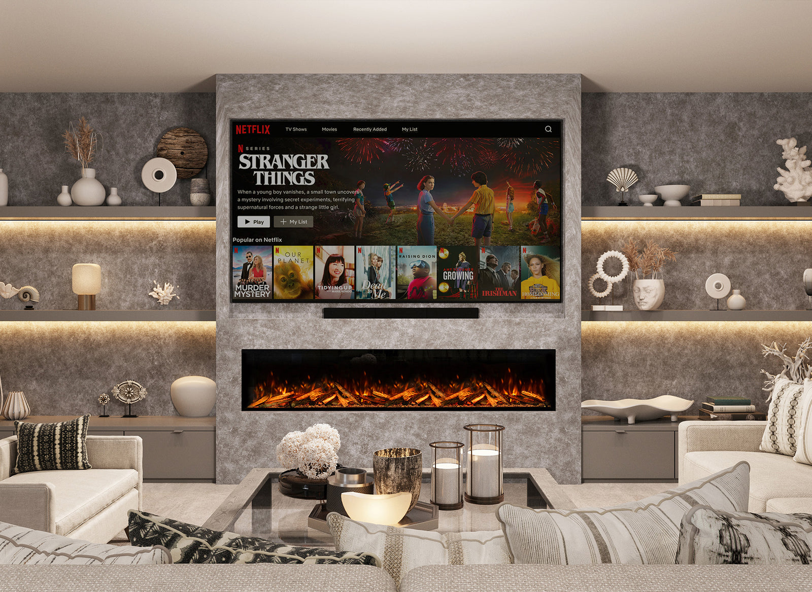 Fair Fires Tru Vizion Pano X 2000 in een moderne woonkamer met ingebouwde haard en tv