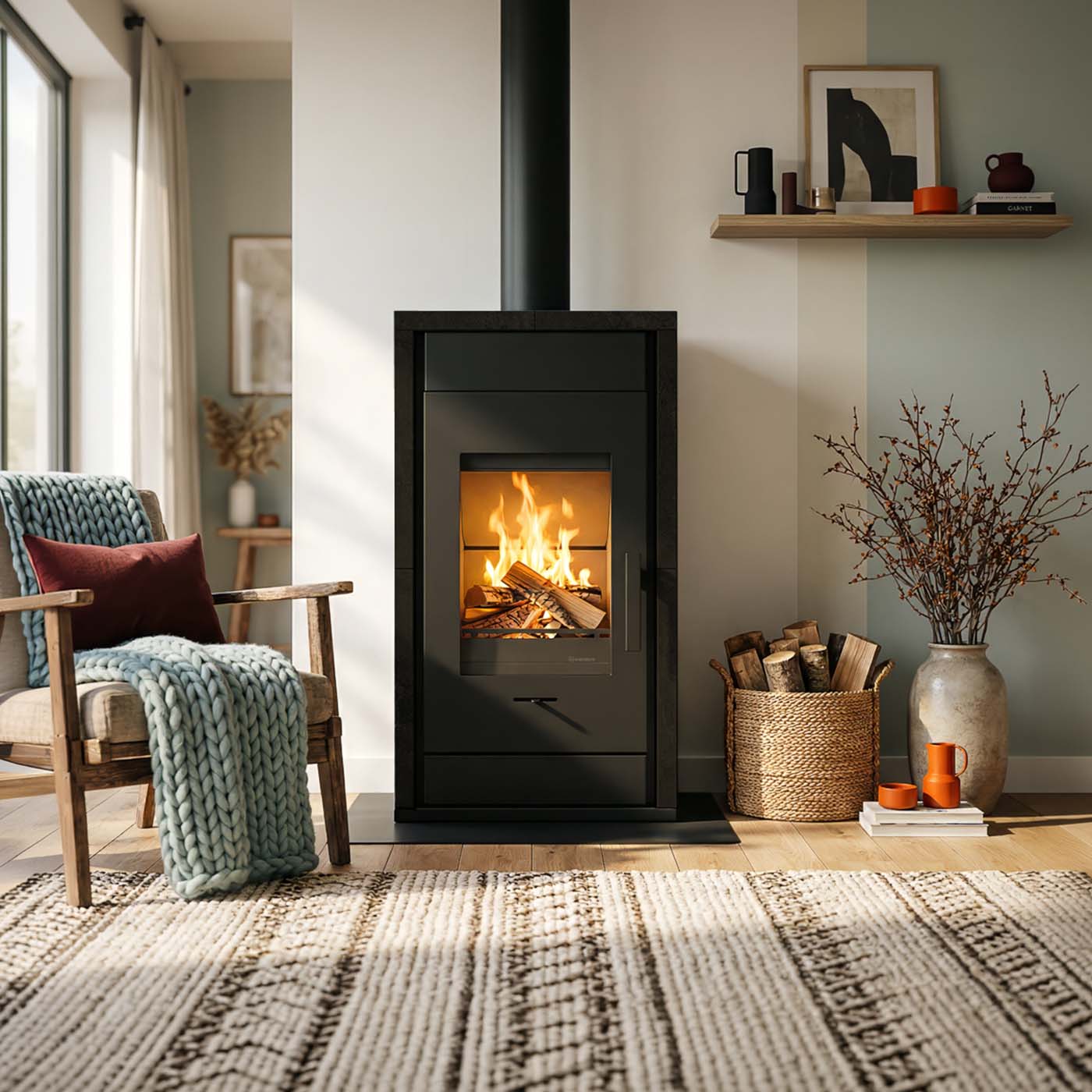Wanders Pecan Eco Small speksteenkachel in woonkamer met brandend vuur