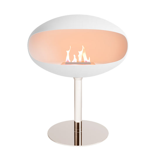 Cocoon Fires Pedestal Wit, vrijstaande haard op witte achtergrond met vlammen