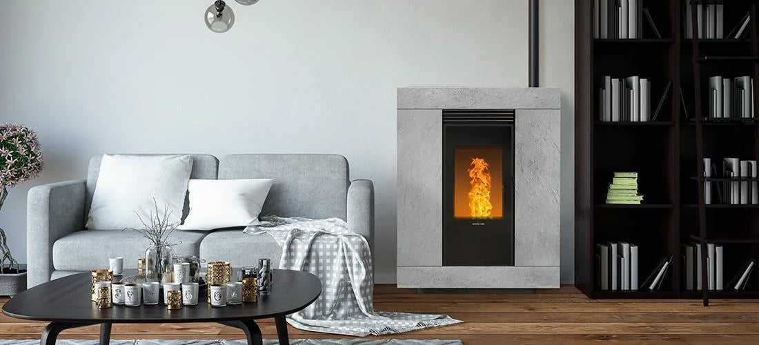 Nordic Fire Espa in moderne woonkamer naast bank en boekenkast