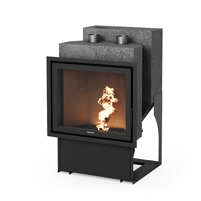 Nordic Fire Sienna 7-10 houtkachel met zichtbare vlammen op zwarte achtergrond