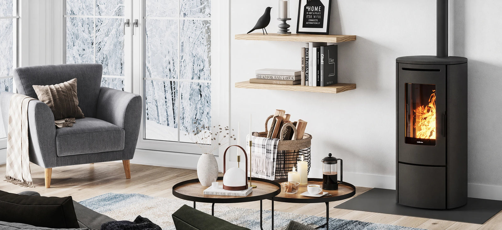 Nordic Fire Store haard in moderne woonkamer met brandend vuur
