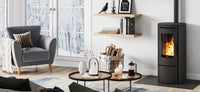 Nordic Fire Store haard in moderne woonkamer met brandend vuur