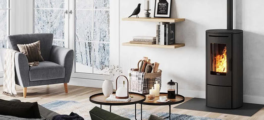 Nordic Fire Store haard in moderne woonkamer met brandend vuur