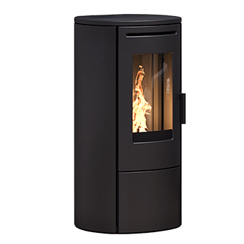 Nordic Fire Store zwarte ronde kachel met vlam zichtbaar achter glas