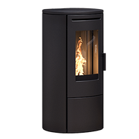 Nordic Fire Store zwarte ronde kachel met vlam zichtbaar achter glas