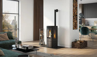 Nordic Fire Tjallmo kachel in moderne woonkamer met brandend vuur