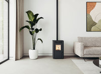 Ferlux Perla pelletkachel in moderne woonkamer met plant en bank
