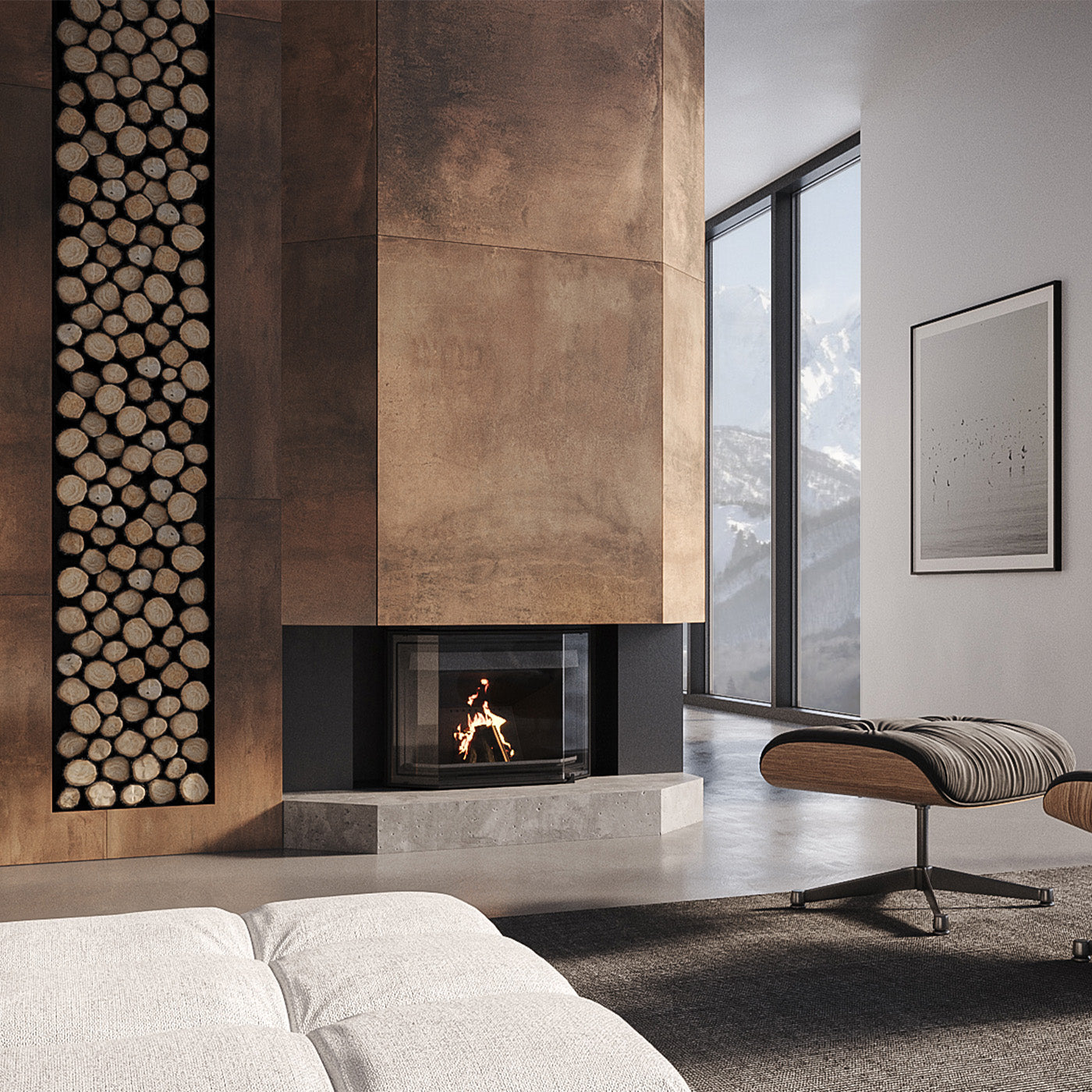 Dovre Phoenix 4 ingebouwd in moderne woonkamer met zicht op vlammen