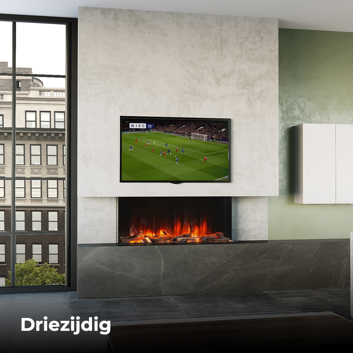 Charlton & Jenrick Polaris 1000mm elektrische haard in moderne woonkamer met tv