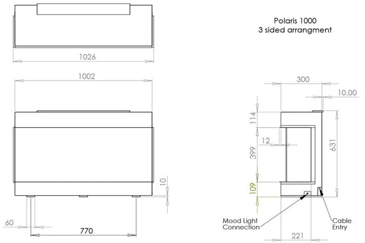 Technische tekening van Charlton & Jenrick Polaris 1000mm Elektrische Haard met afmetingen en aansluitpunten.