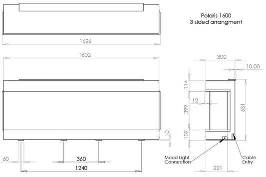 Technische tekening van Charlton & Jenrick Polaris 1600 mm Elektrische Haard met afmetingen en aansluitpunten.