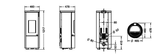 Technische tekening van de Thermorossi Pop 6 pelletkachel met afmetingen en aansluitpunten.