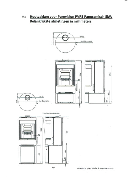Charlton & Jenrick Purevision vrijstaand rond model laag open houtvak met afmetingen in millimeters.