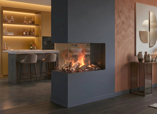 Dimplex e-MatriX 800/500 RD in moderne keuken met ingebouwde haard